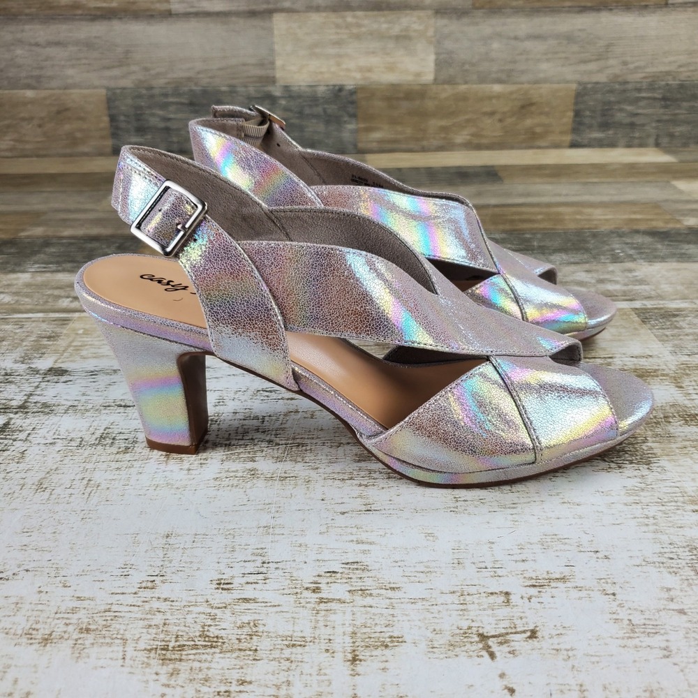 Easy Street Christy Womens Dress Sandals Sz 11 M Natural Iridescent Peep Toe